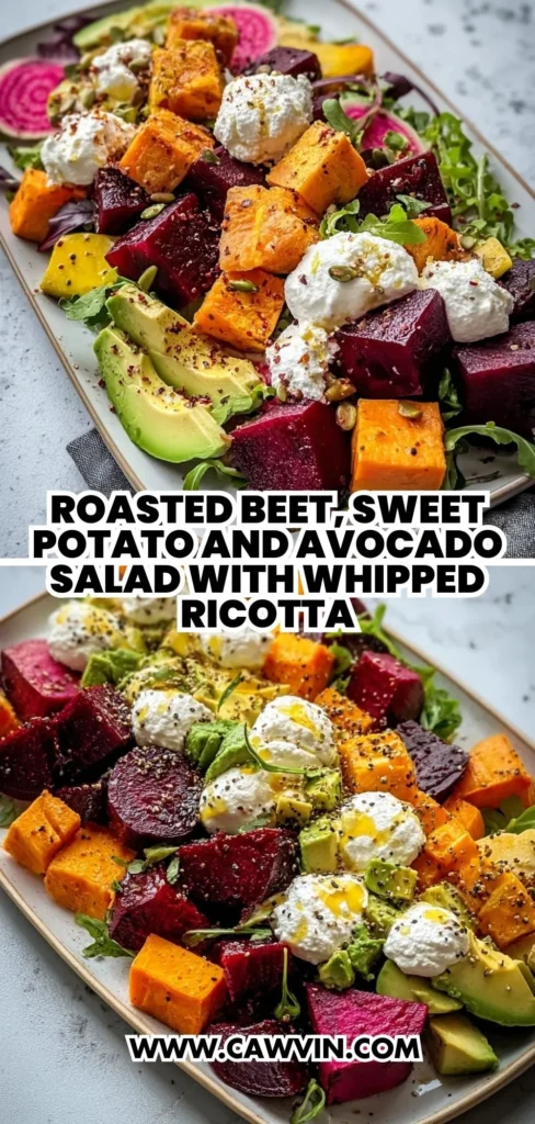 Roasted Beet Sweet Potato and Avocado Salad with Whipped Ricotta and Lemon Tahini Drizzle 2 1 - Easy Peasy Recipes