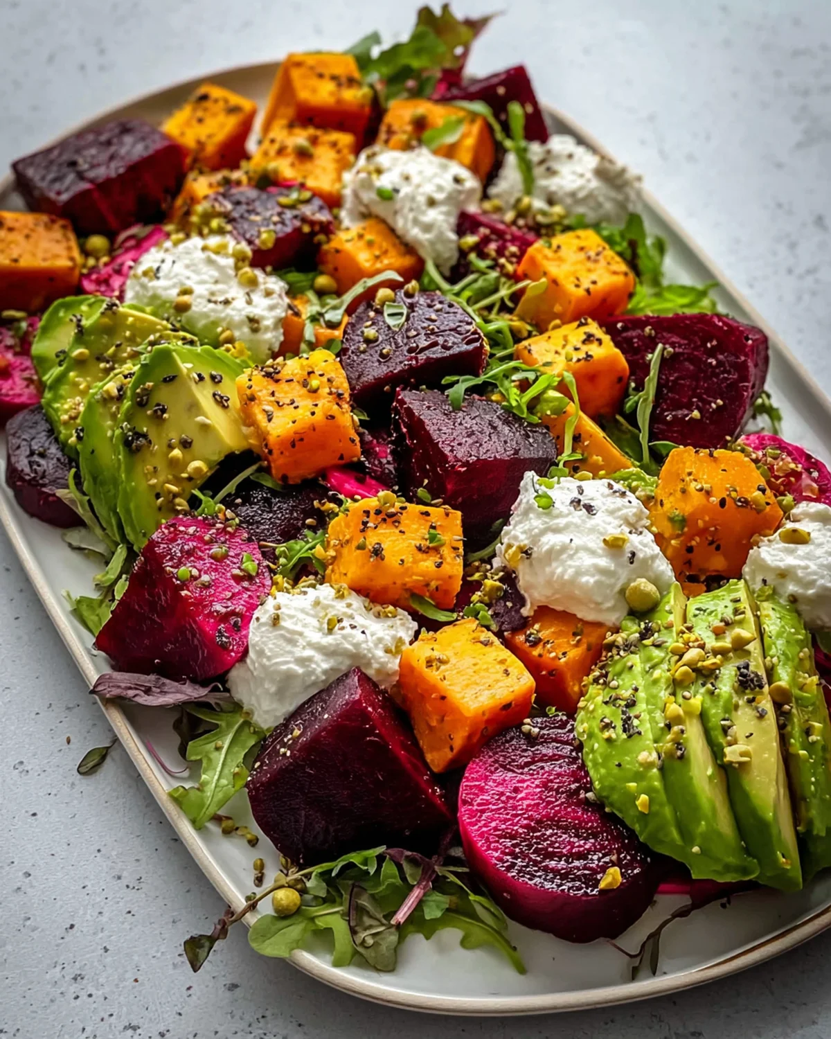 Roasted Beet, Sweet Potato and Avocado Salad with Whipped Ricotta and Lemon-Tahini Drizzle - Image 4