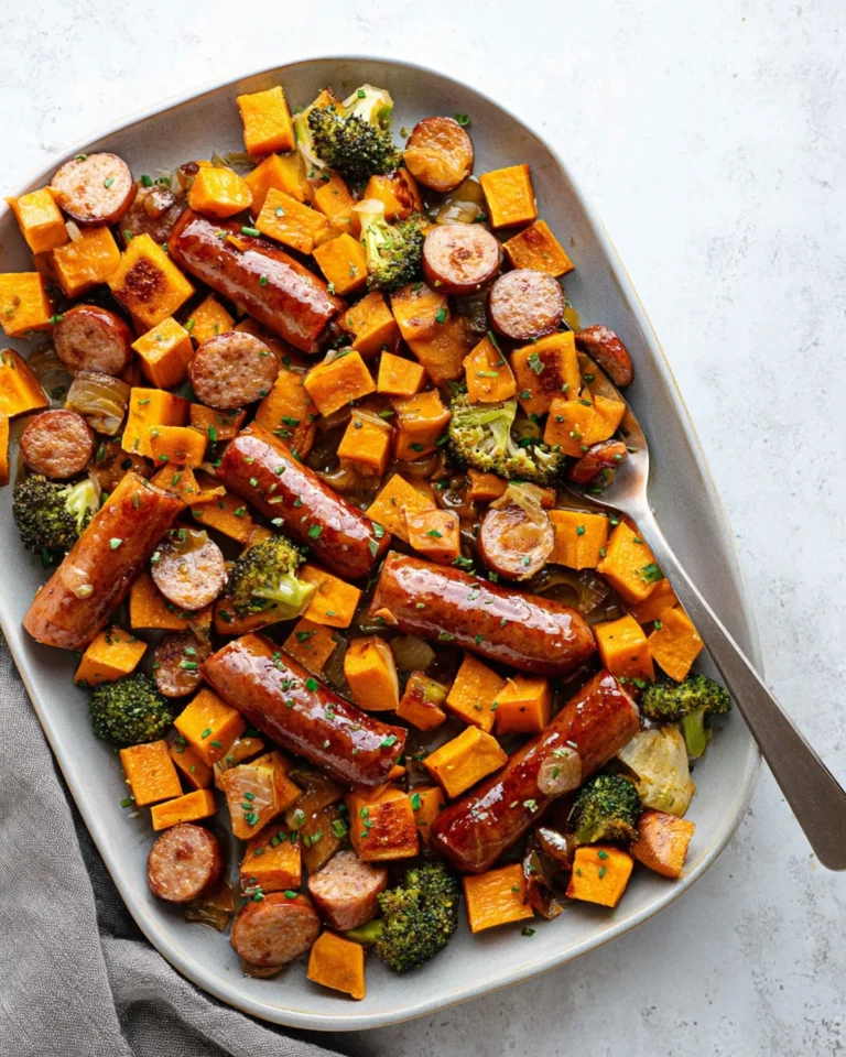 Sheet Pan Sausage and Sweet Potatoes with Honey Garlic Sauce Recipe